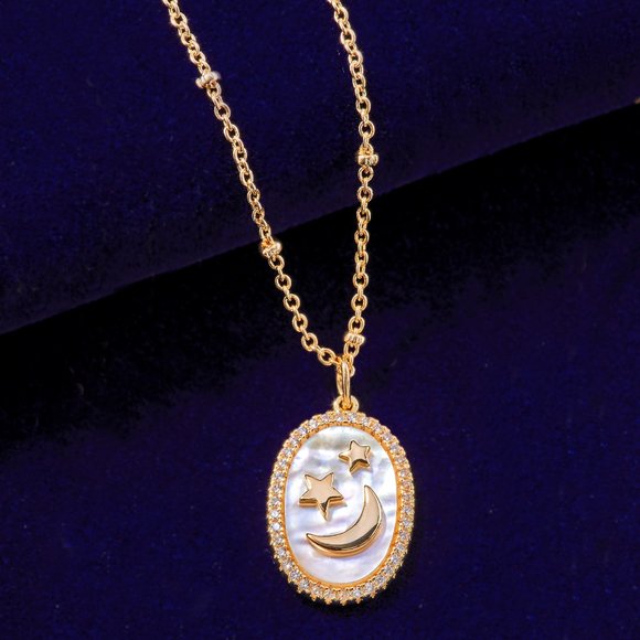 Champagne Gold Necklace with Mother Of Pearl, Oval Star and Moon - Picture 8 of 8